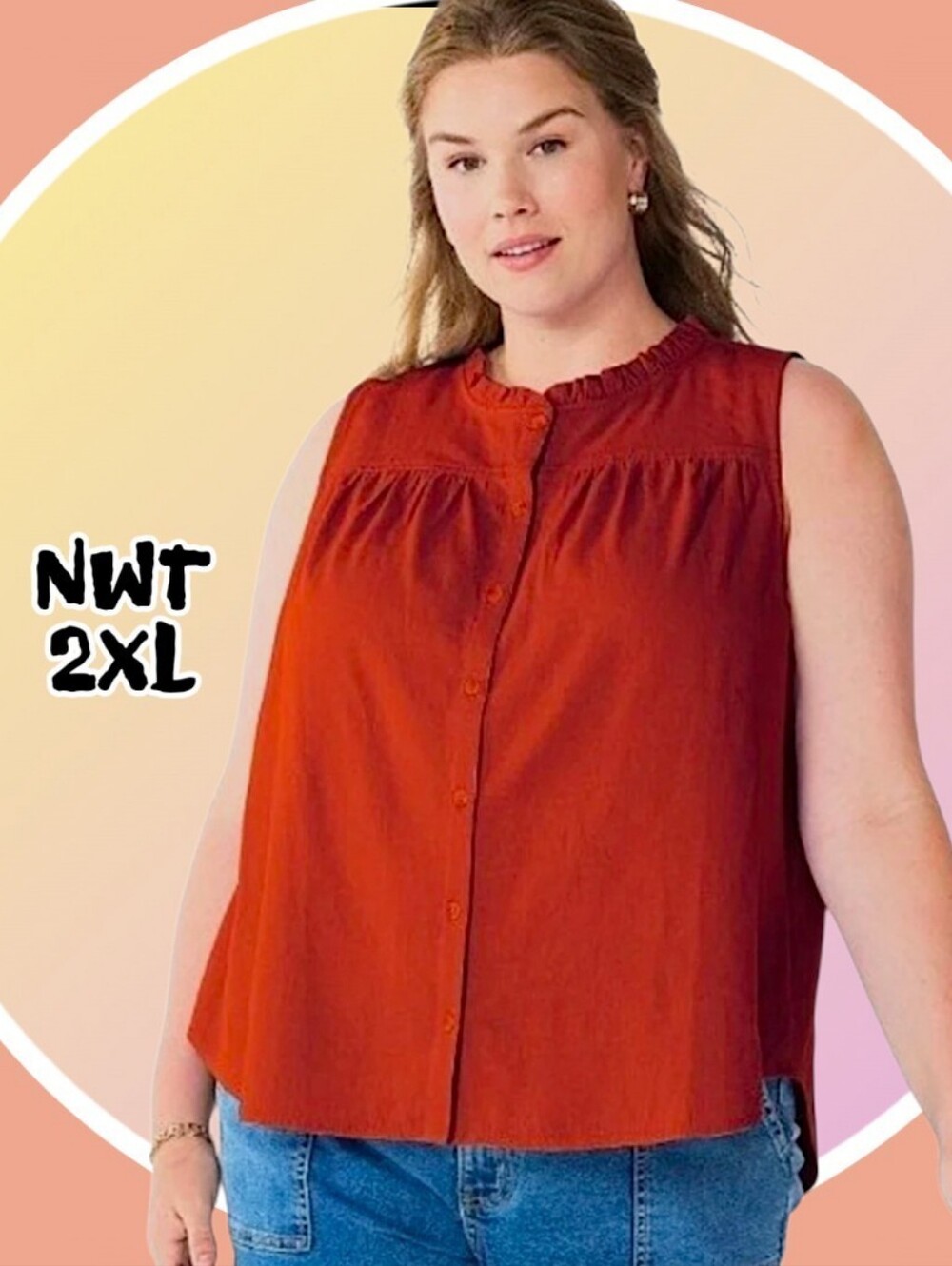 NWOT Linen Blend Non Wrinkle Sleeveless Sz 2XL Ruffled Button Front Blouse